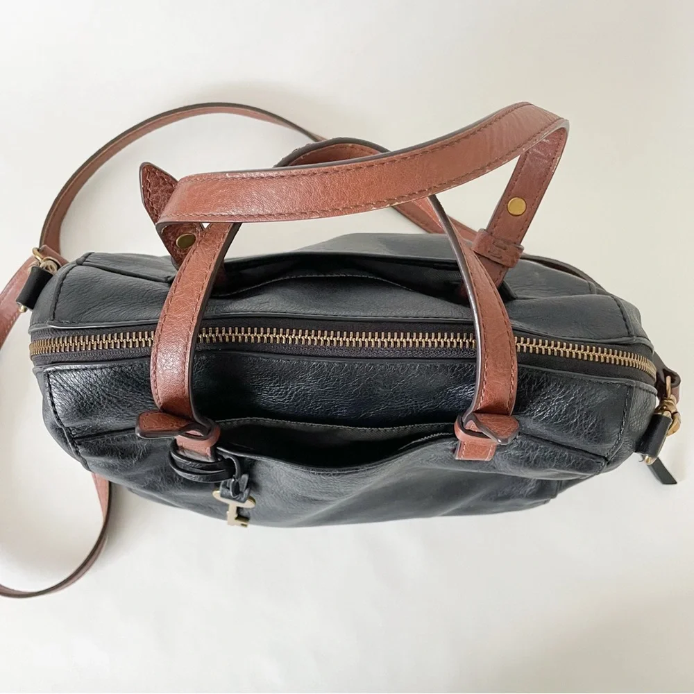 Fossil 100% Leather Black and Cognac Rachel Satchel Purse - Picture 2 of 7